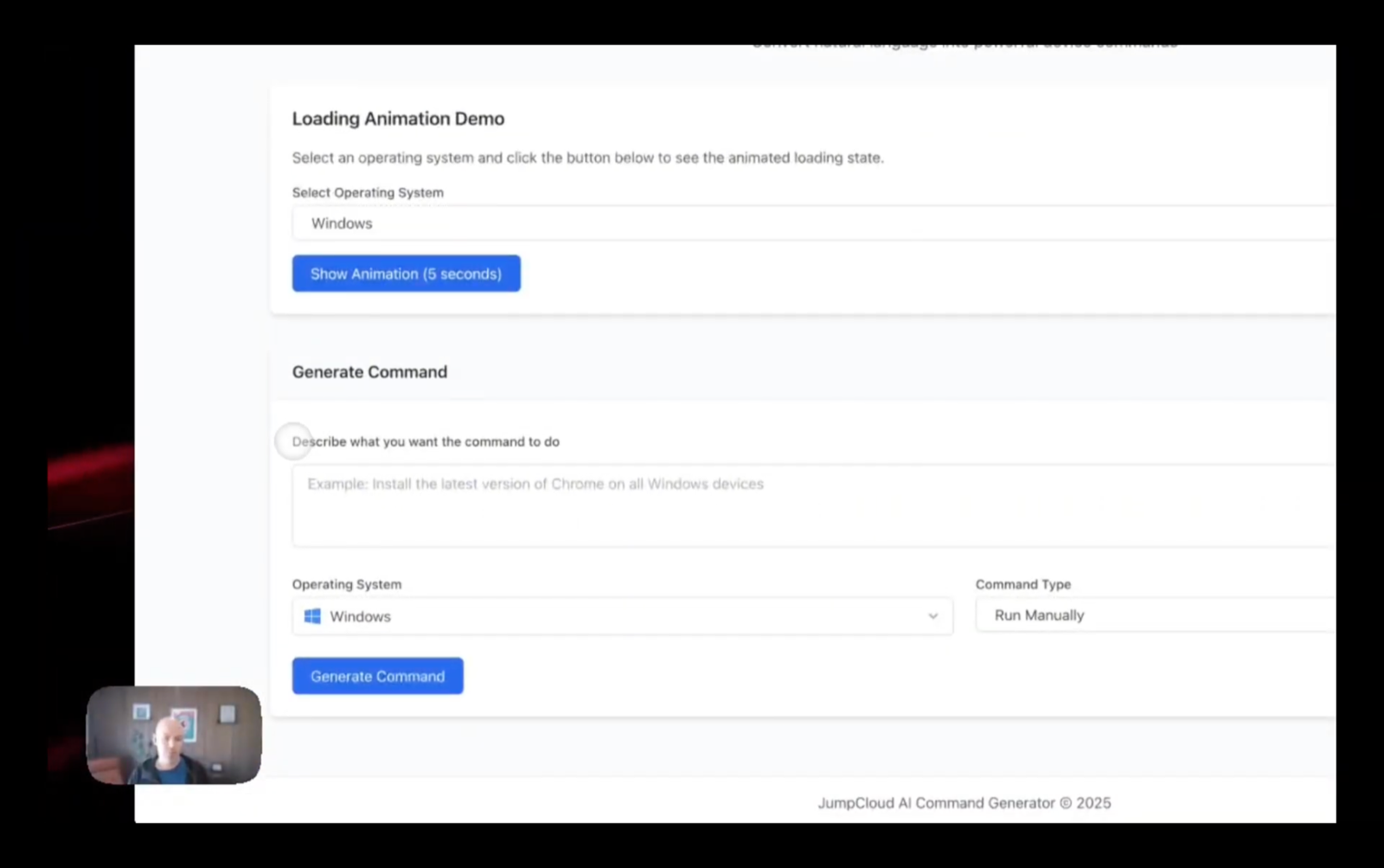 Demo video still — JumpCloud AI Command Generator with webcam bubble