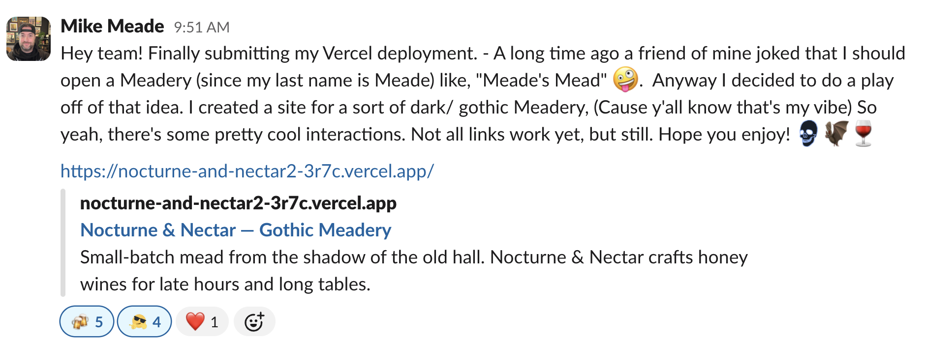 Slack post from Mike Meade sharing the Nocturne & Nectar deploy