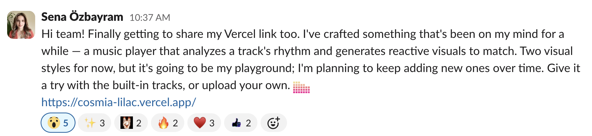 Slack post from Sena Ozbayram sharing the COSMIA player