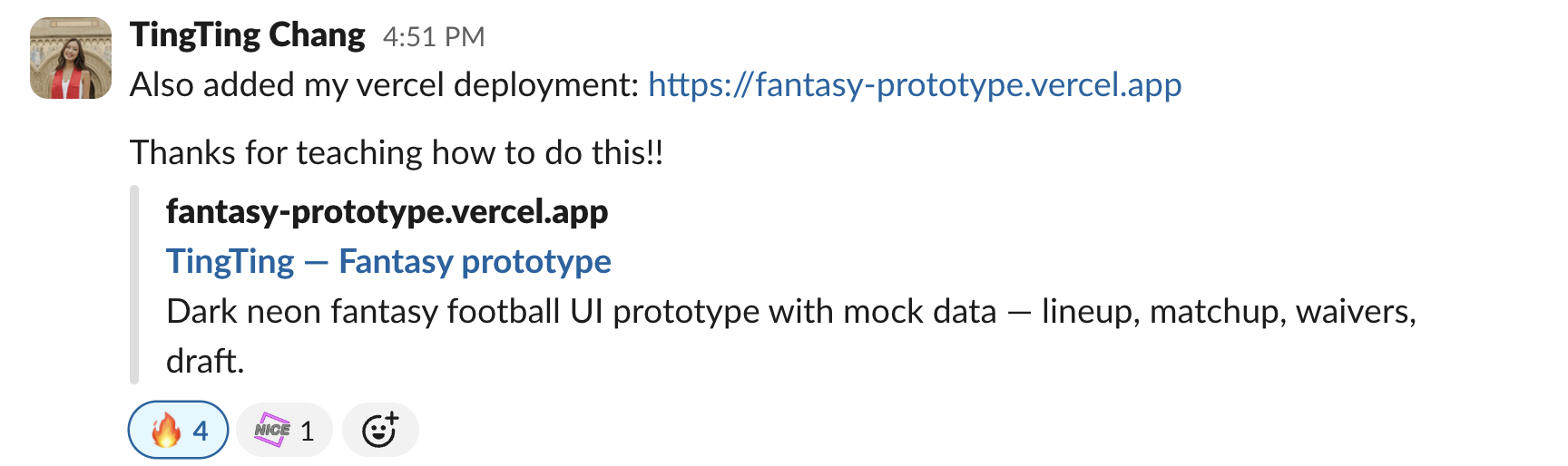 Slack post from TingTing Chang sharing the fantasy prototype