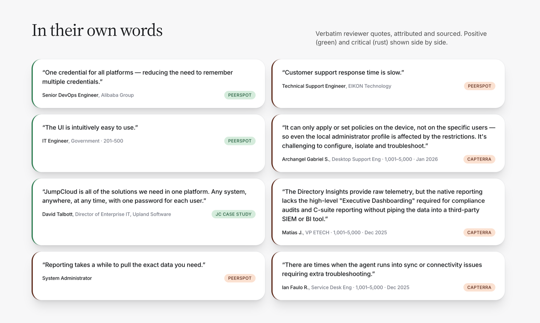 In their own words: attributed reviewer quotes from PeerSpot, Capterra, and a JC case study