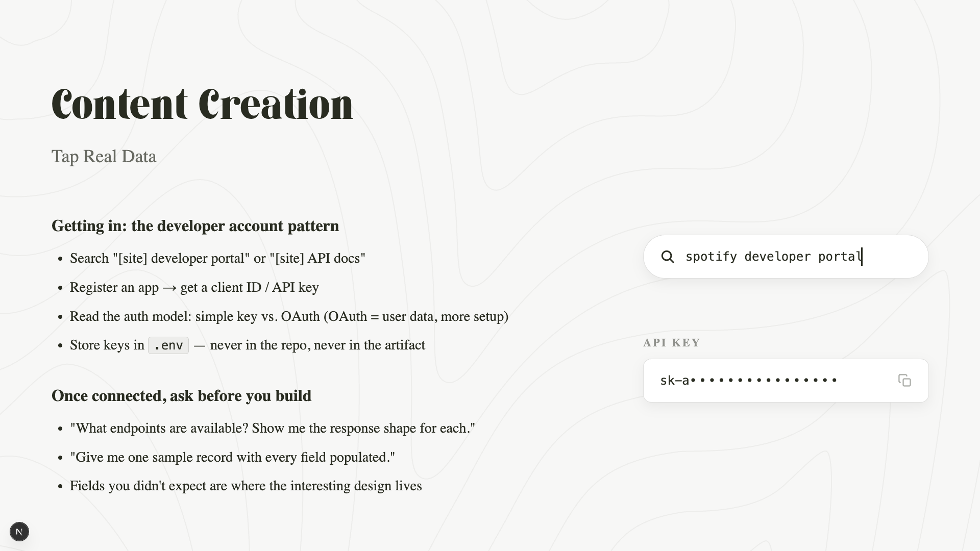 Workshop slide — the developer account pattern